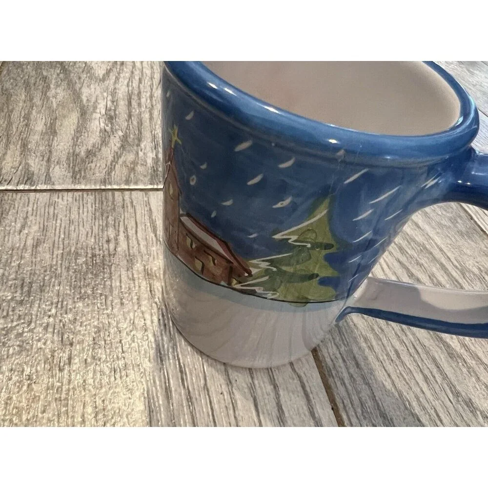 Vietri Coffee Mug Italy Hand Painted Tea Cup NWOT Winter Church Christmas DeFeCt