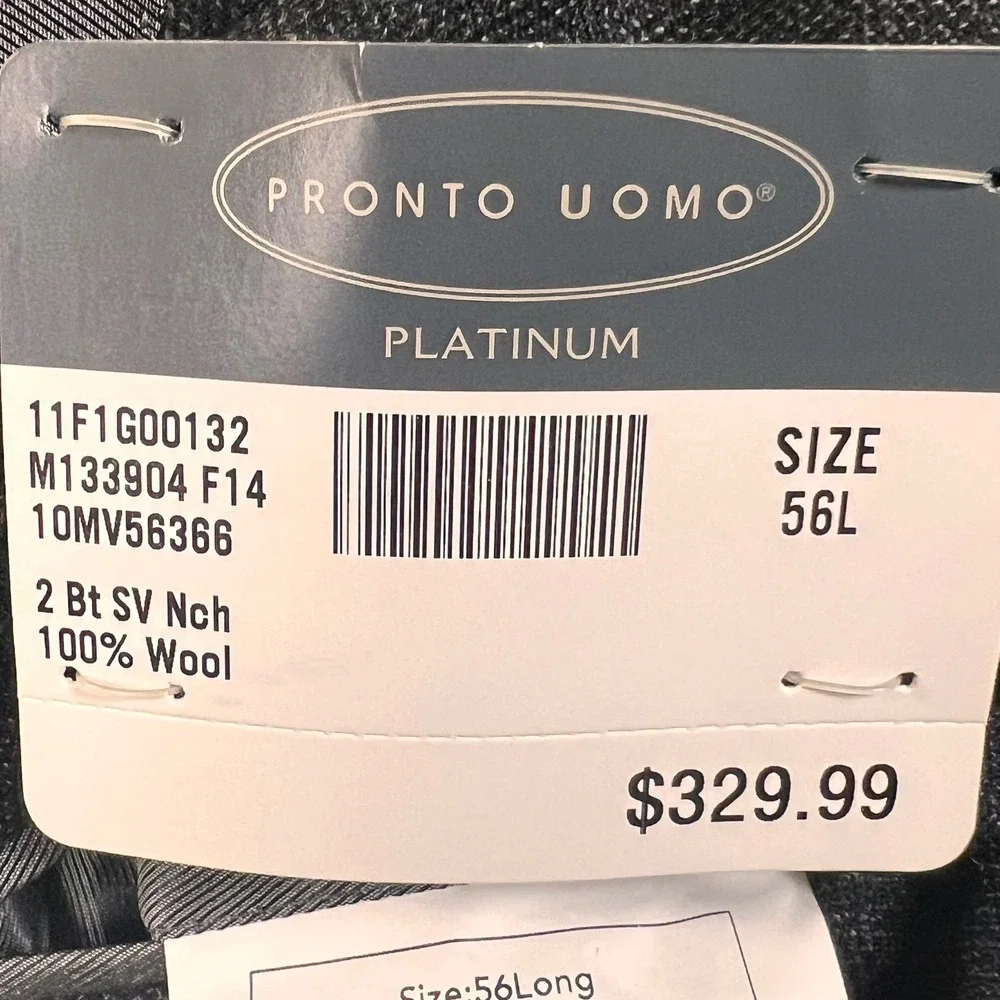 Pronto Uomo Platinum Grey Men 56L 2-Button‎ Windowpane 100% Wool Suit Jacket