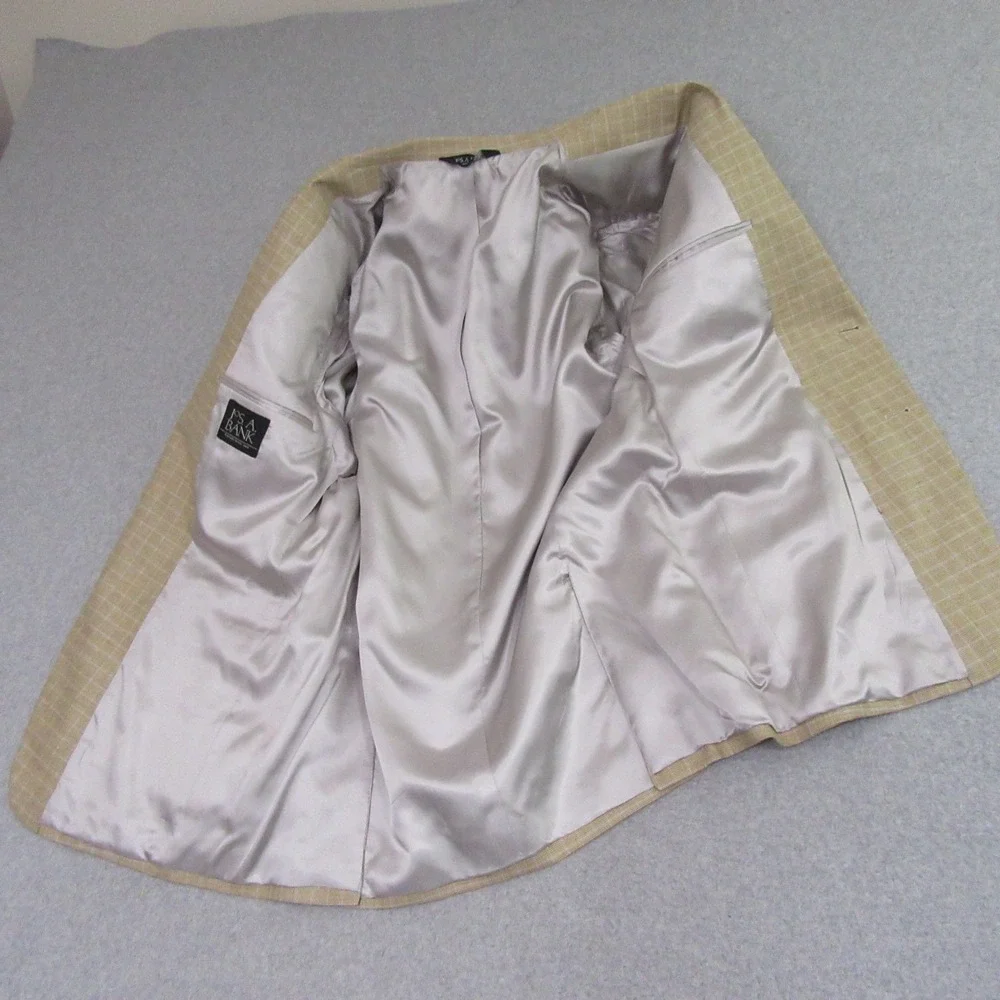 Jos A Bank Mens Sport Coat 43L Tan Windowpane‎ Check Linen Cotton Blazer