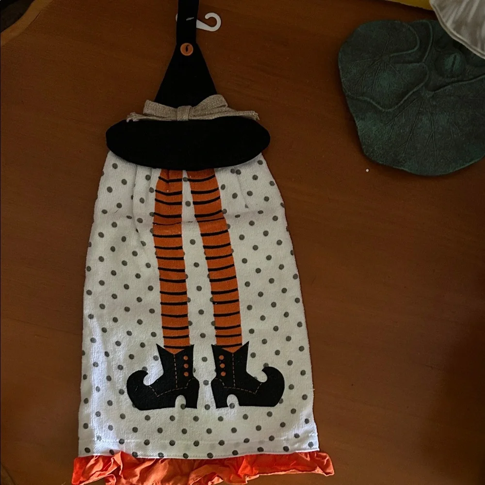 Halloween Witch Kitchen Towel with Orange and Black Design