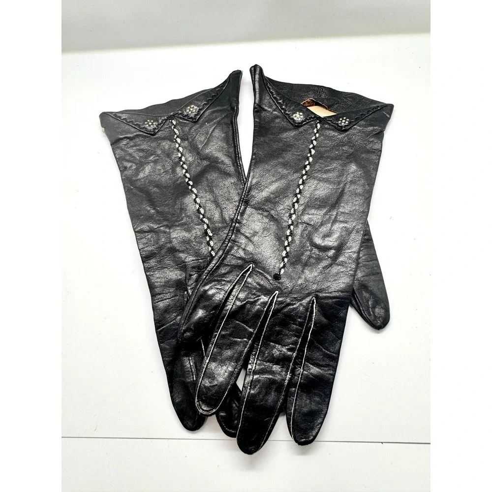 Vintage Black Leather Gloves Embellishd Floral Detail Mid Century Size 7 Fair‎