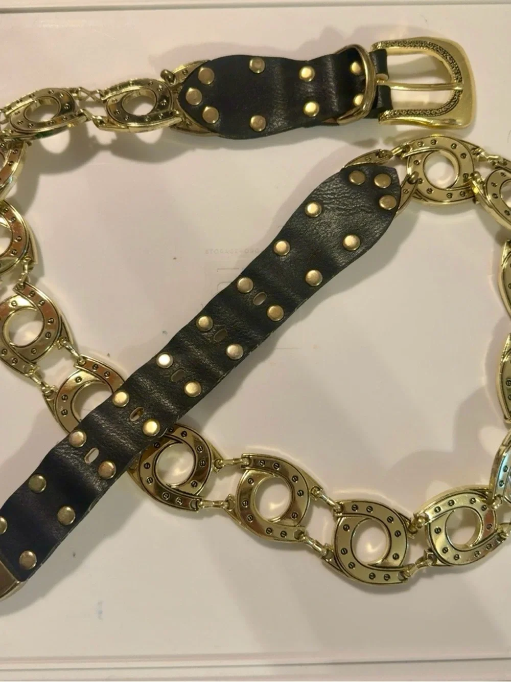 Black Leather Concho Belt Size 40 Gold Tone Studded Western Boho 44”
