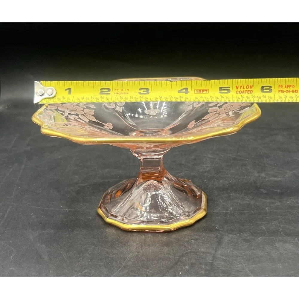 Cambridge Apple Blossom #744 Peach Blo Pink Footed Compote Gold Trim 5.25”