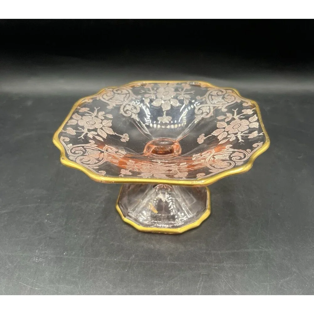 Cambridge Apple Blossom #744 Peach Blo Pink Footed Compote Gold Trim 5.25”