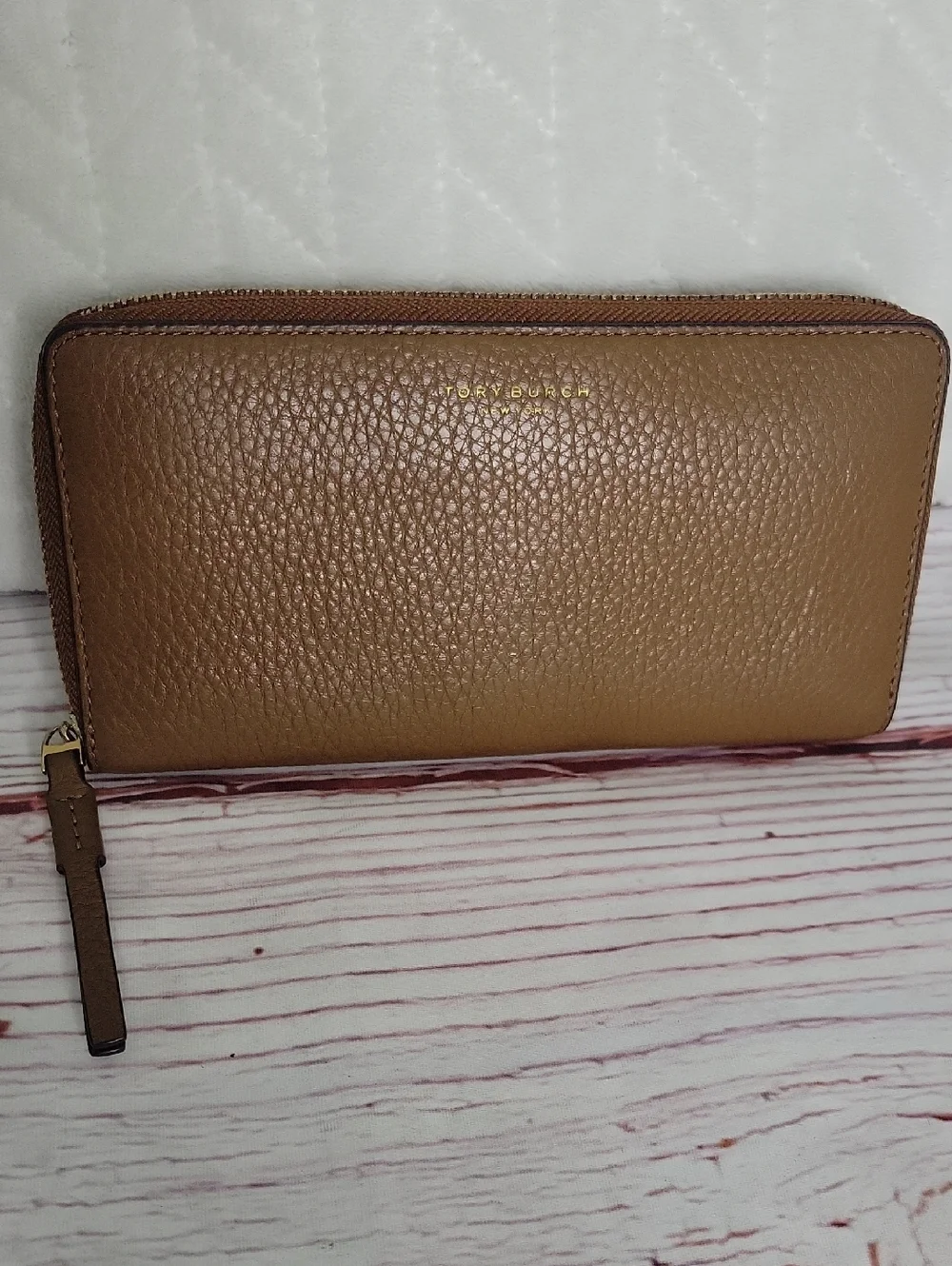 Tory Burch Pebble Grained Tan Leather Zip AROUND Wallet