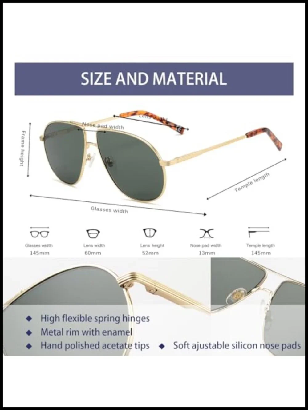 Retro Oversized Aviator Sunglasses, Polarized UV400, Metal Frame, Large Fit