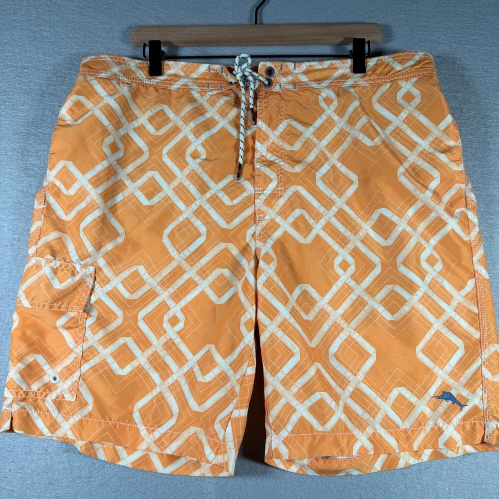 Tommy Bahama Relax Men XL Orange Geometric Board Shorts Swim Trunks Cargo Pocket