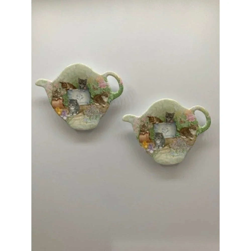 Set of 2 Teapot Tea Bag Rest Made in Italy Kittens in the‎ Garden Decor Melamine