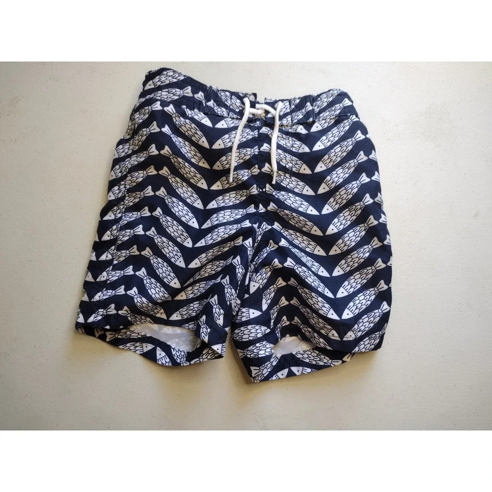 Janie and Jack Boys Navy‎ White Fish Print Swim Trunks Mesh Lined 12-18 Months
