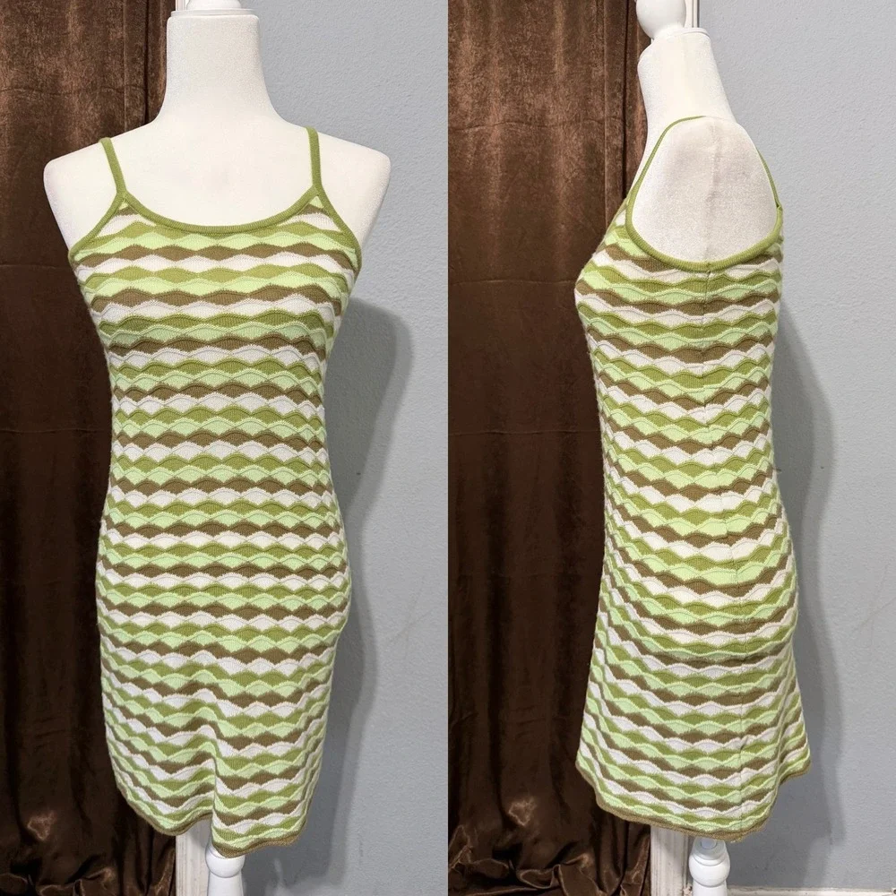 Nik & Leksi Girls Green Geometric Knit Bodycon Dress‎ Size L 14 Spaghetti Strap