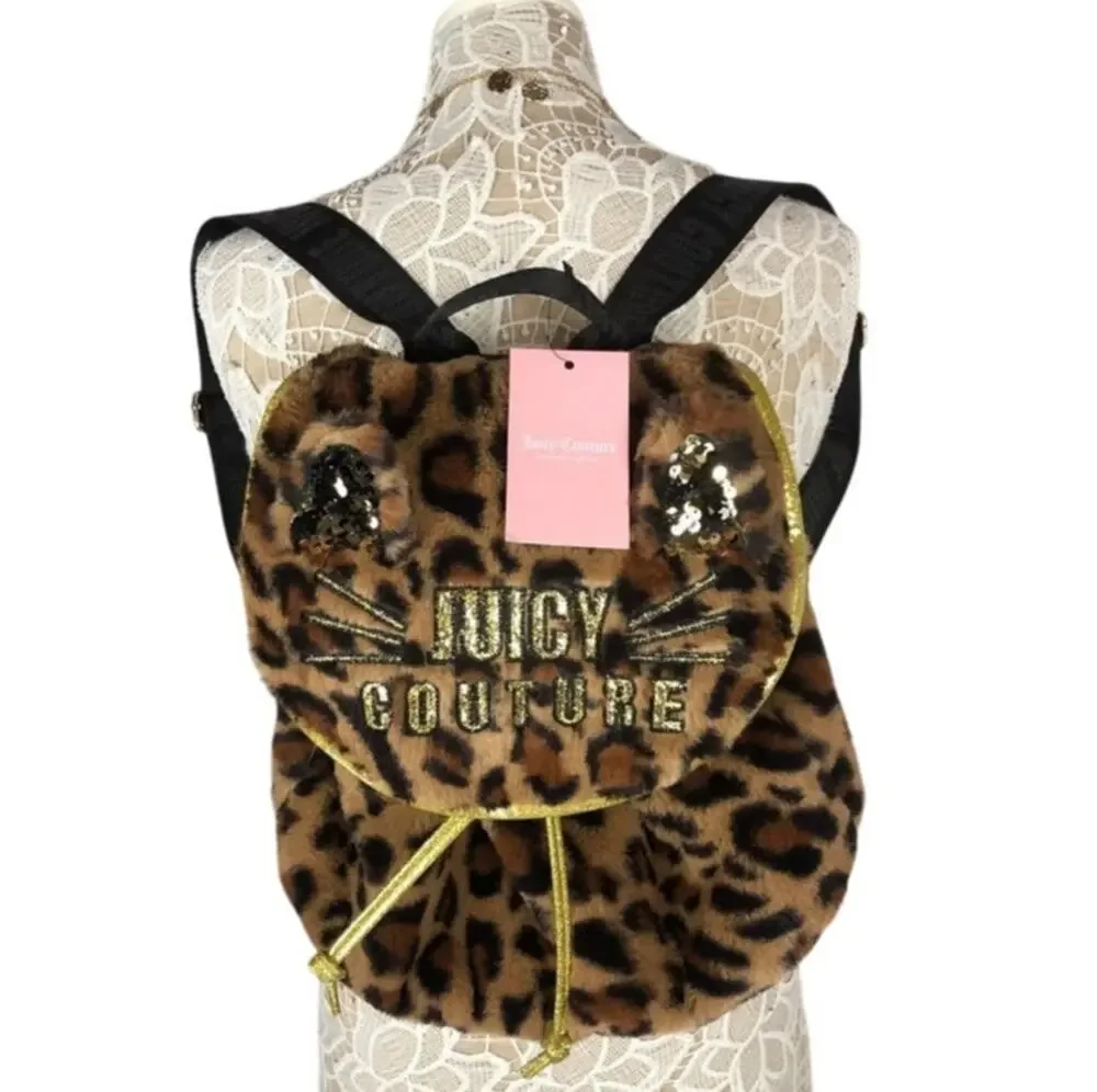 NWT Juicy Couture Faux Fur Gold & Black Sequin Cheetah backpack