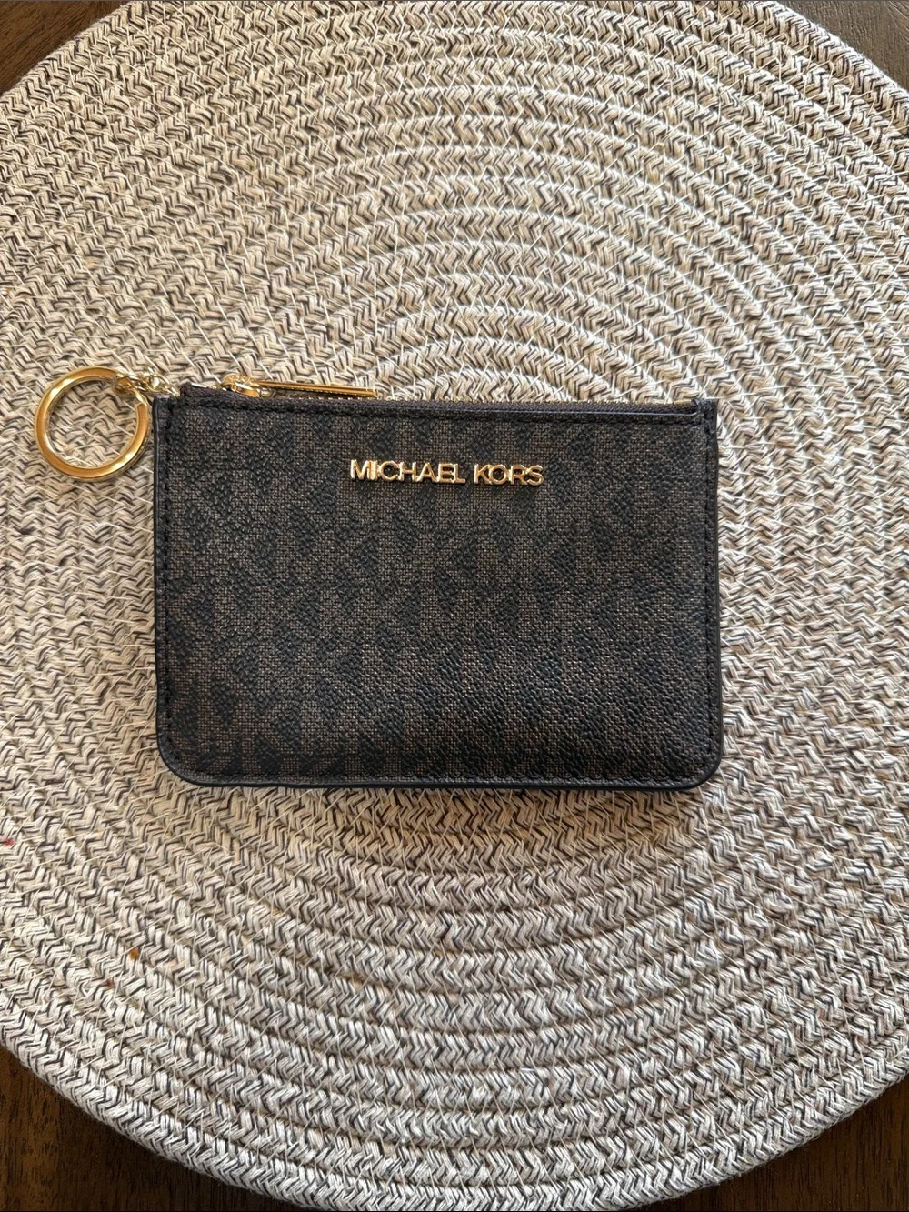 Michael Kors Black Signature Slim Zip Card Holder with Gold Keyring
