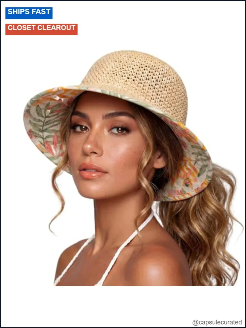 Hand-Crocheted Ponytail Straw Sun Hat UPF 50+ with Cooling Sweatband