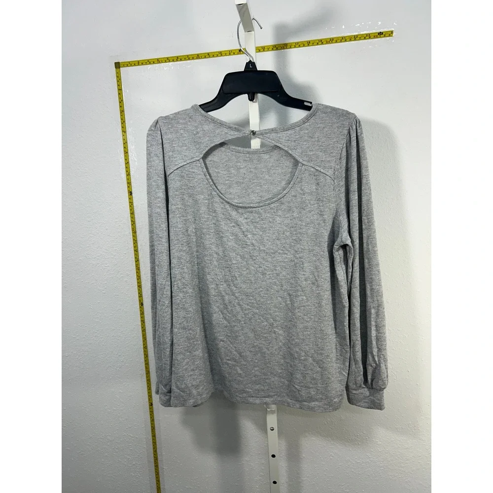 LOFT Womens Heather Gray Long Sleeve Cutout Back‎ Knit Top Size L Puff Shoulder