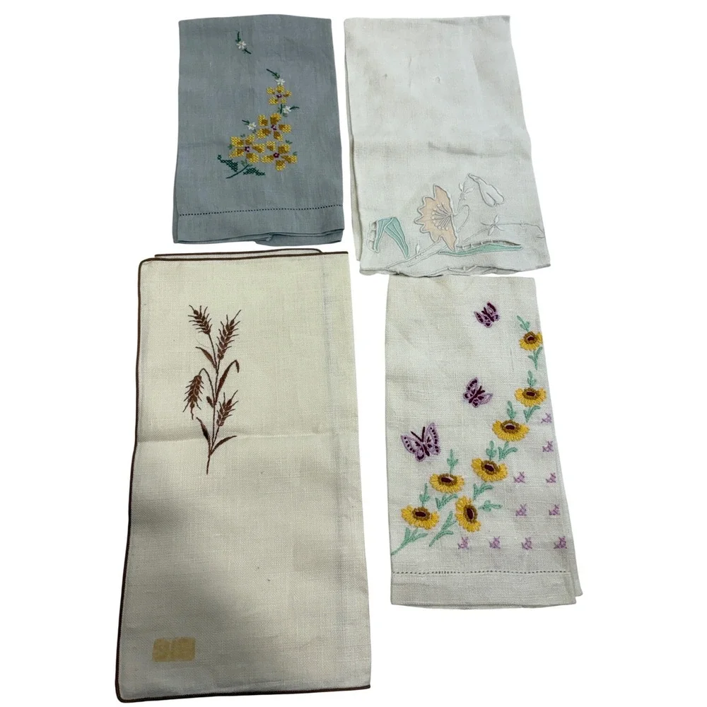 Vintage Embroidered Napkins Lot of‎ 4 Floral Butterfly Wheat Linen Cotton