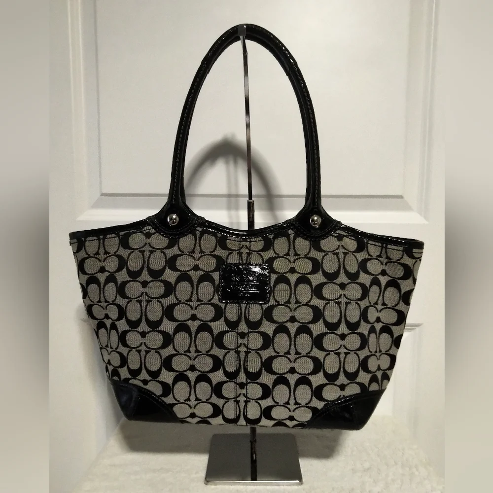 Authentic Coach Bleecker Signature Canvas Black Patent Leather Tote Bag 12564