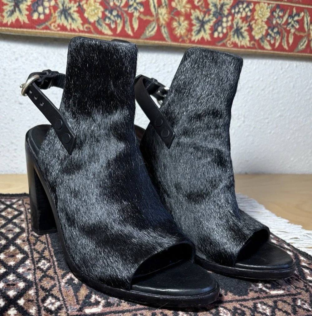 rag bone wyatt black pony hair slingback open toe bootie block heels designer 9