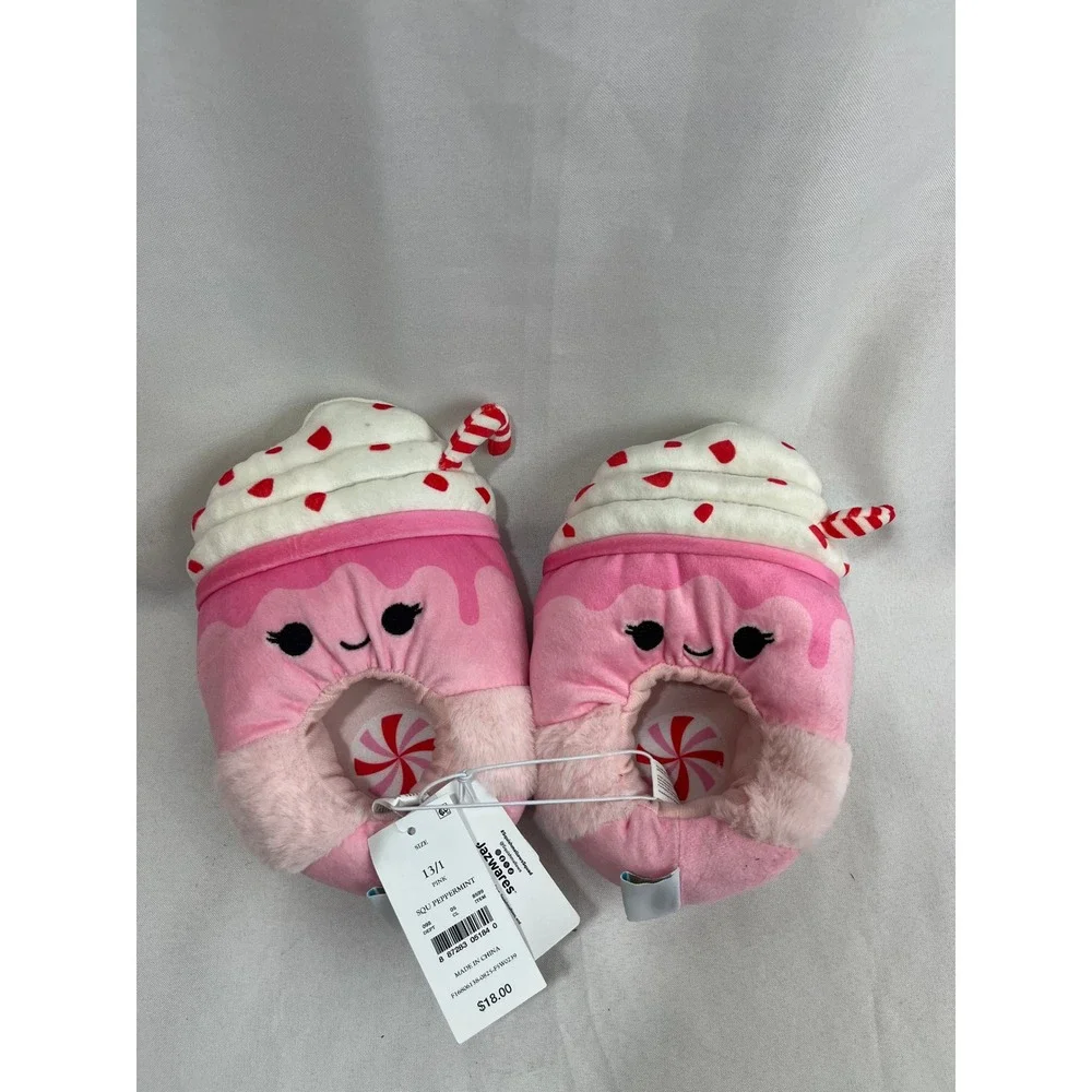 Squishmallows Peppermint‎ Pink Milkshake Plush Slippers Kids Size 13/1 NWT
