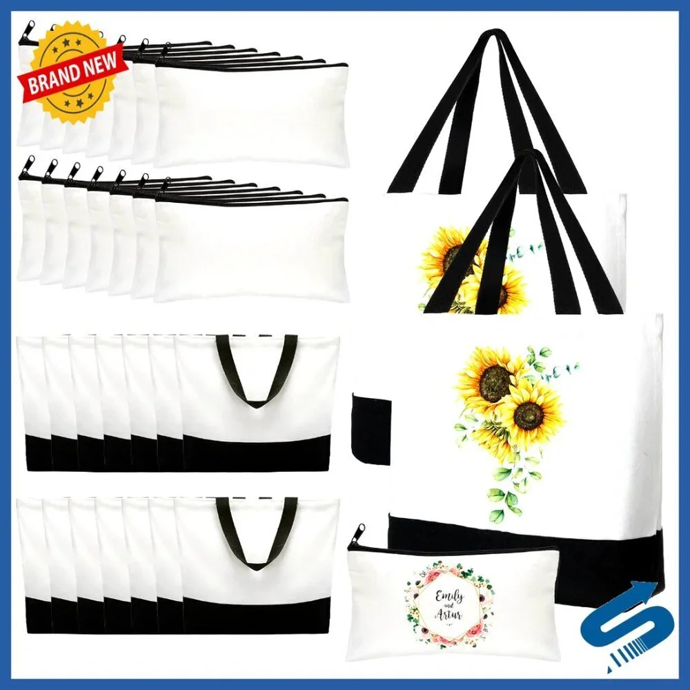 Plain Canvas Tote Bags and Zipper Cosmetic Pouches Bulk Set for DIY Craft