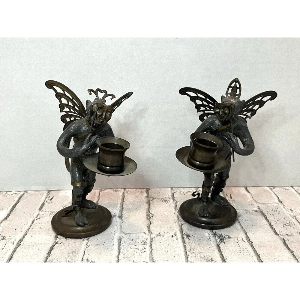 2 “Petites Choses” Pewter & Brass Flying Monkey Candle Holders Comedy & Tragedy