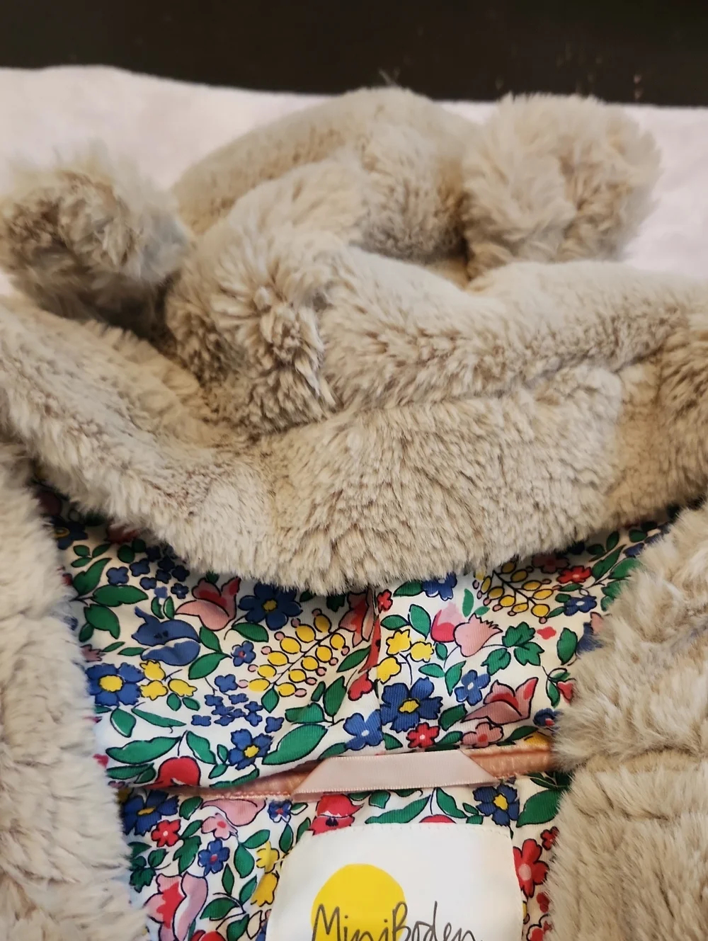 Mini Boden Cream Plush Hooded Puffer Jacket with Floral Lining