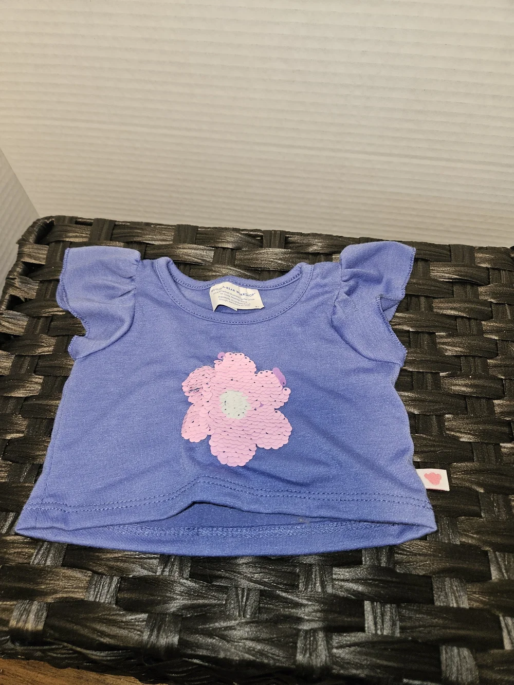 Build-A-Bear Blue Flutter Sleeve Tee with Pink Sequin Flower