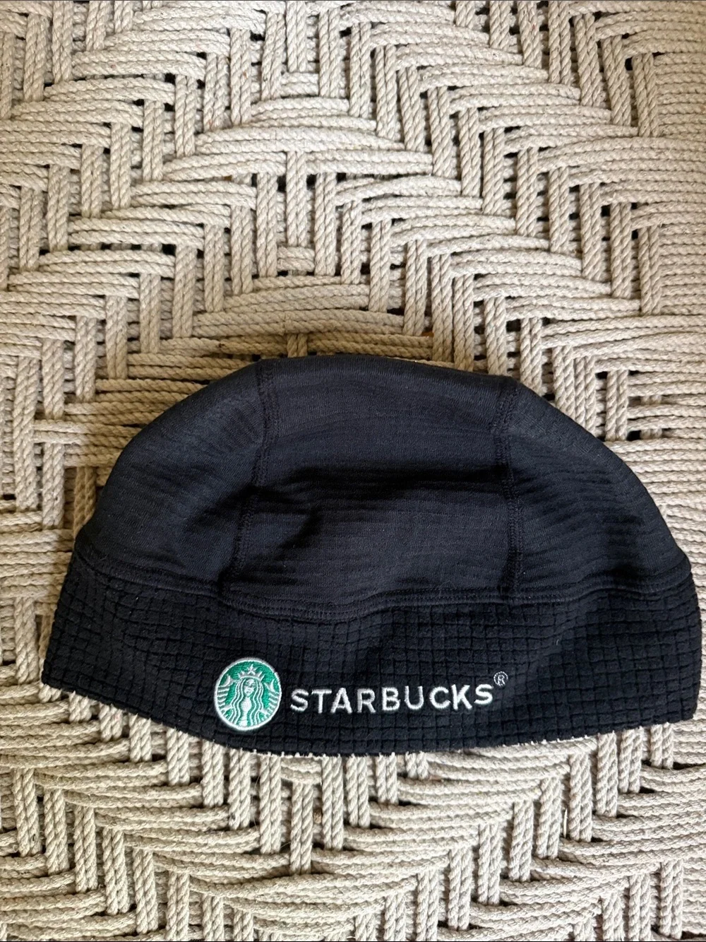 Starbucks Thermal Beanie Hat Black Green Logo Embroidered Stretch Waffle Knit