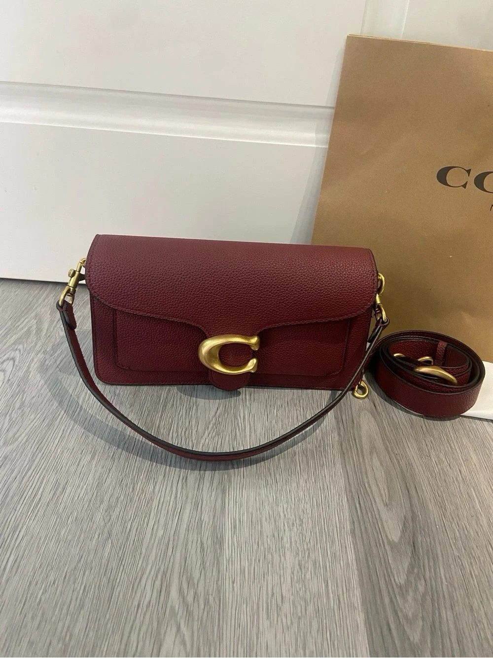 Coach Wine Red Pebbled Leather Crossbody with Gold 'C' Accent