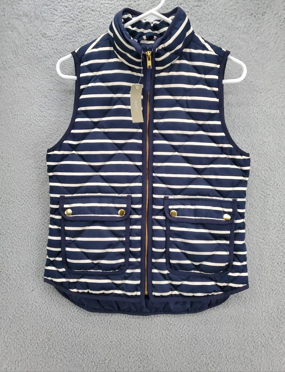 J Crew Excursion Quilted Vest Womens XS Navy Stripe Down Puffer NWT