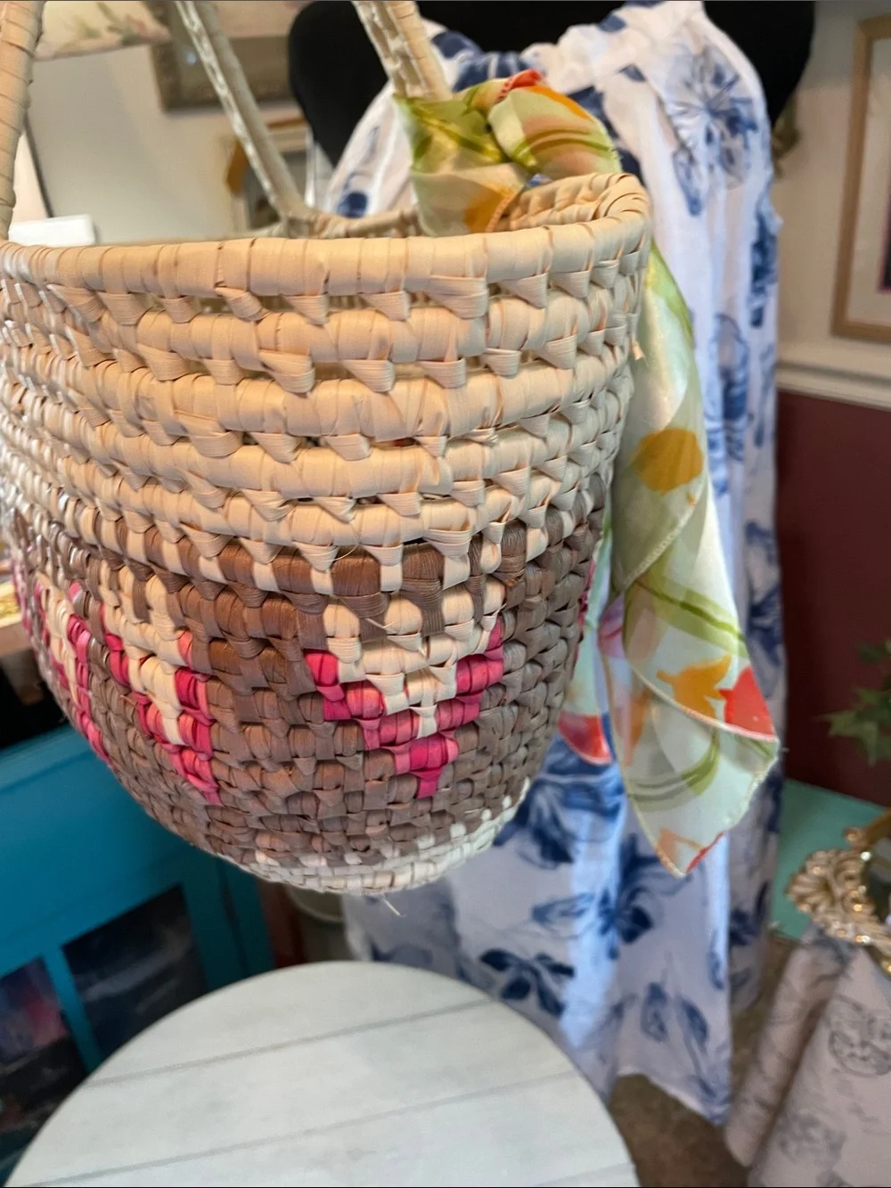 Woven Straw Tote Bag with Pink Accent and scarf