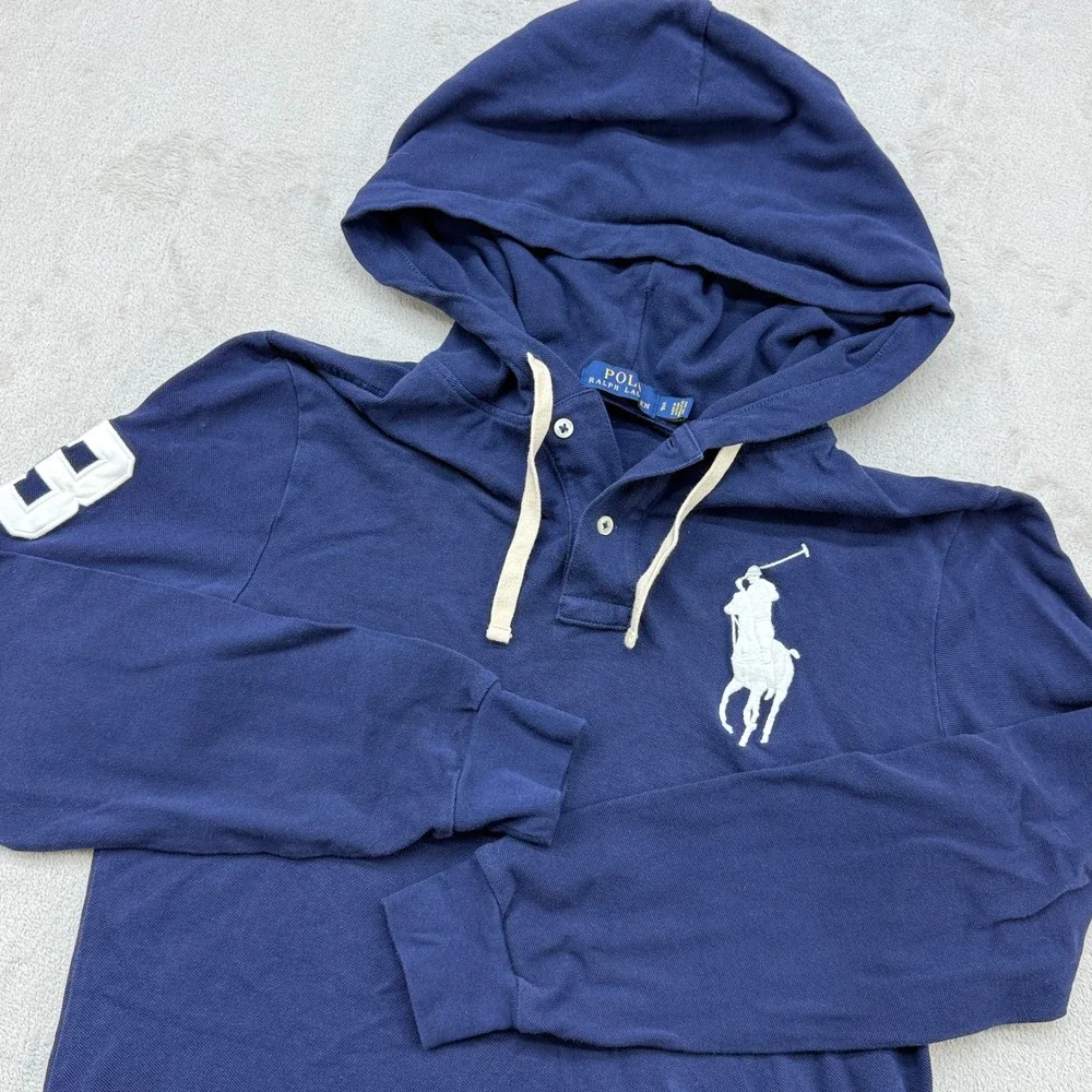 Polo Ralph Lauren Hoodie Mens Small Blue Big Pony Long Sleeve Pique Pullover