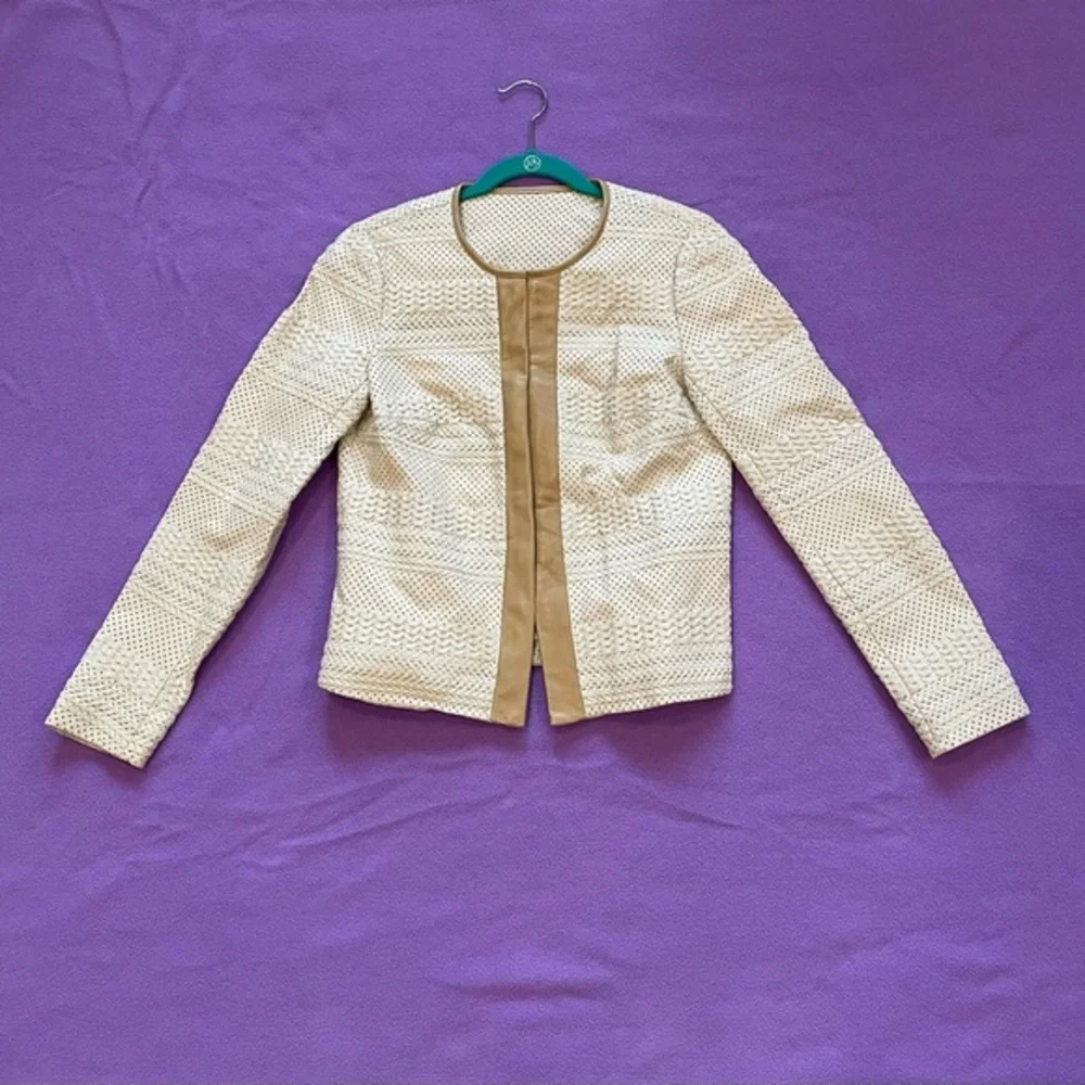 Tory‎ Burch Leather Jacket Woven Lasercut details Cream Tan trim Women’s 6