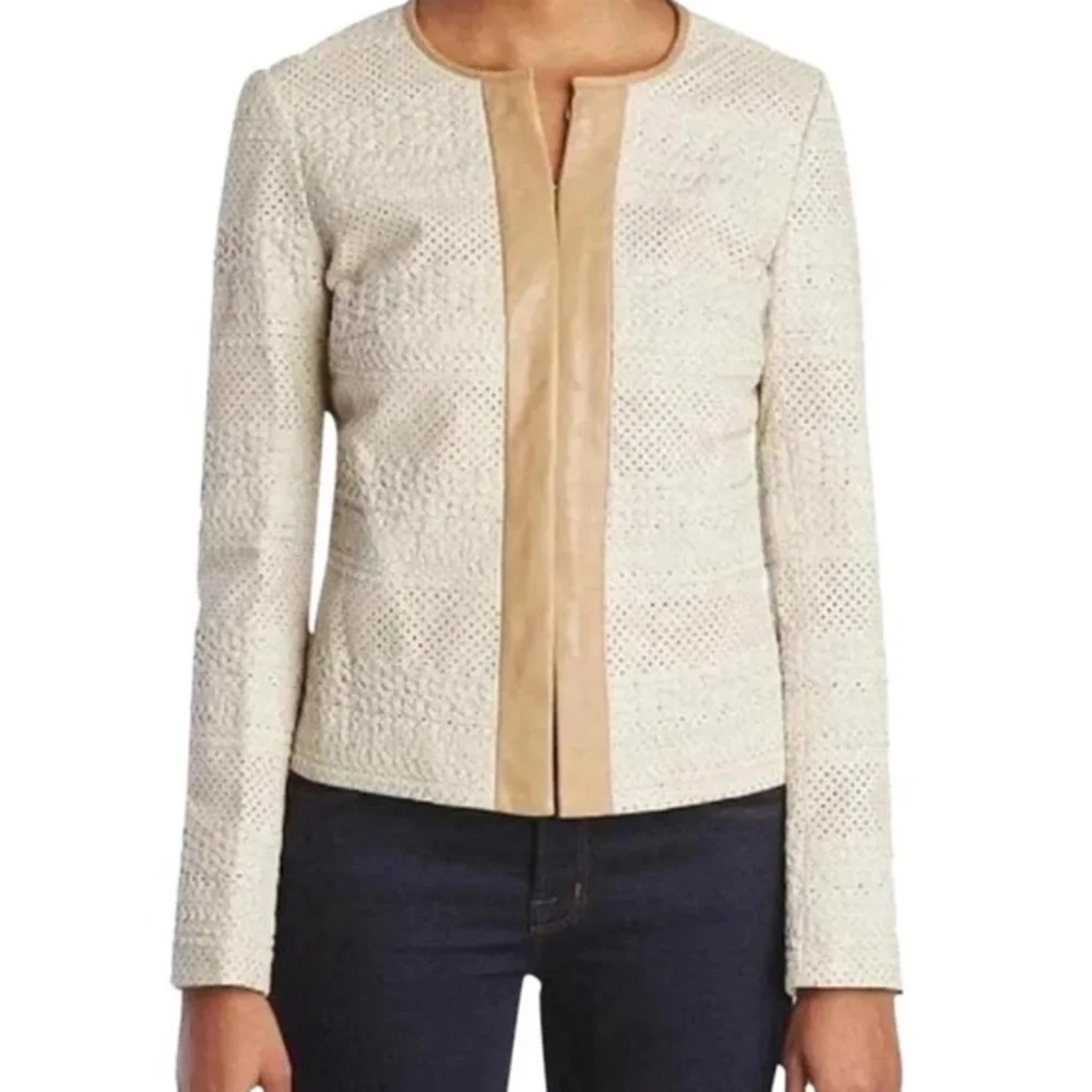 Tory‎ Burch Leather Jacket Woven Lasercut details Cream Tan trim Women’s 6