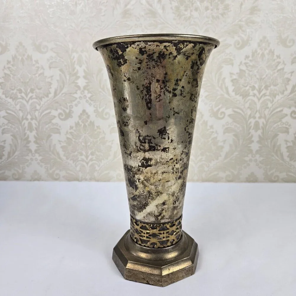 Vintage Bombay Vase Silverplate with Brass Detailing Octagon Shaped Base India