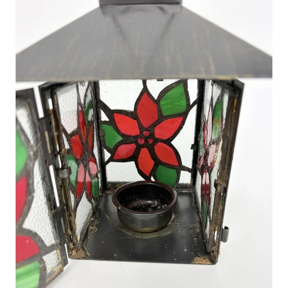 Stained Glass Tea Light Candle Holder Lantern Poinsettia Christmas Decoration
