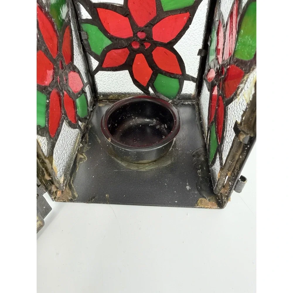 Stained Glass Tea Light Candle Holder Lantern Poinsettia Christmas Decoration