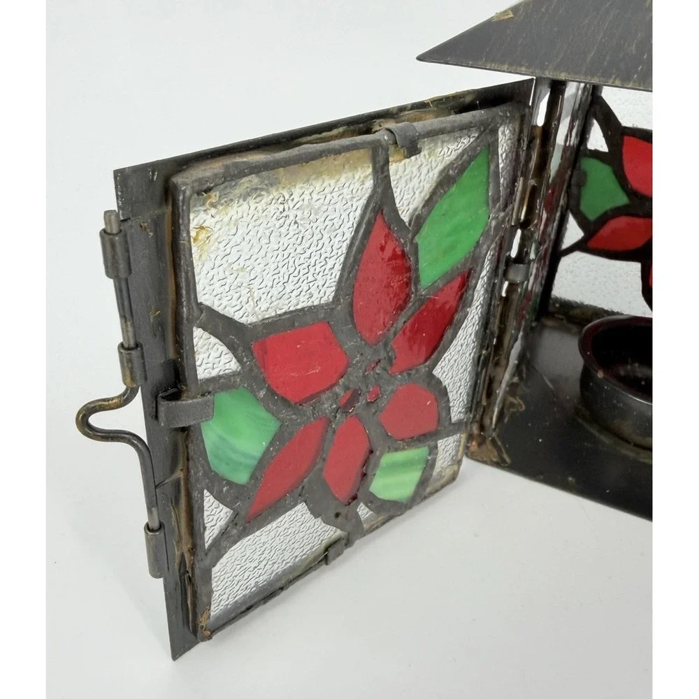 Stained Glass Tea Light Candle Holder Lantern Poinsettia Christmas Decoration