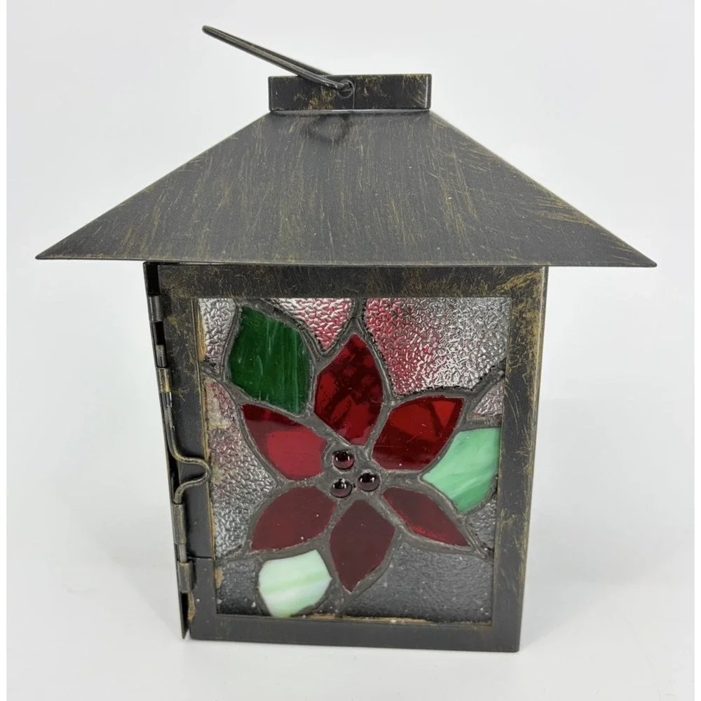 Stained Glass Tea Light Candle Holder Lantern Poinsettia Christmas Decoration