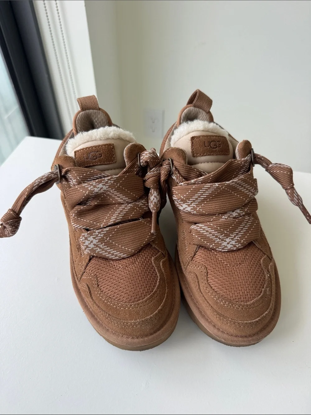 UGG Kids Chestnut Suede Lace-Up Sneakers with Shearling Trim