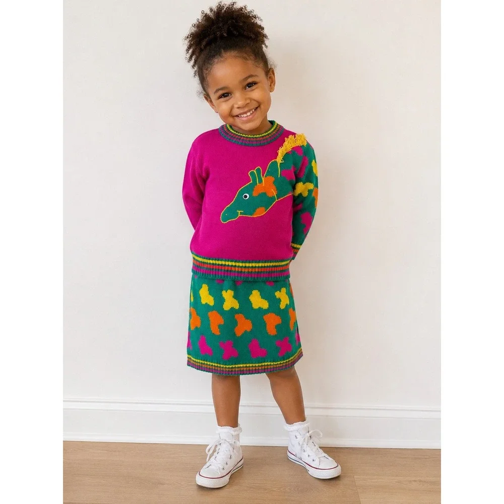 Vtg Miniwaves Kids Giraffe Knit Sweater Skirt Set S kidcore Kitsch 80s 90s
