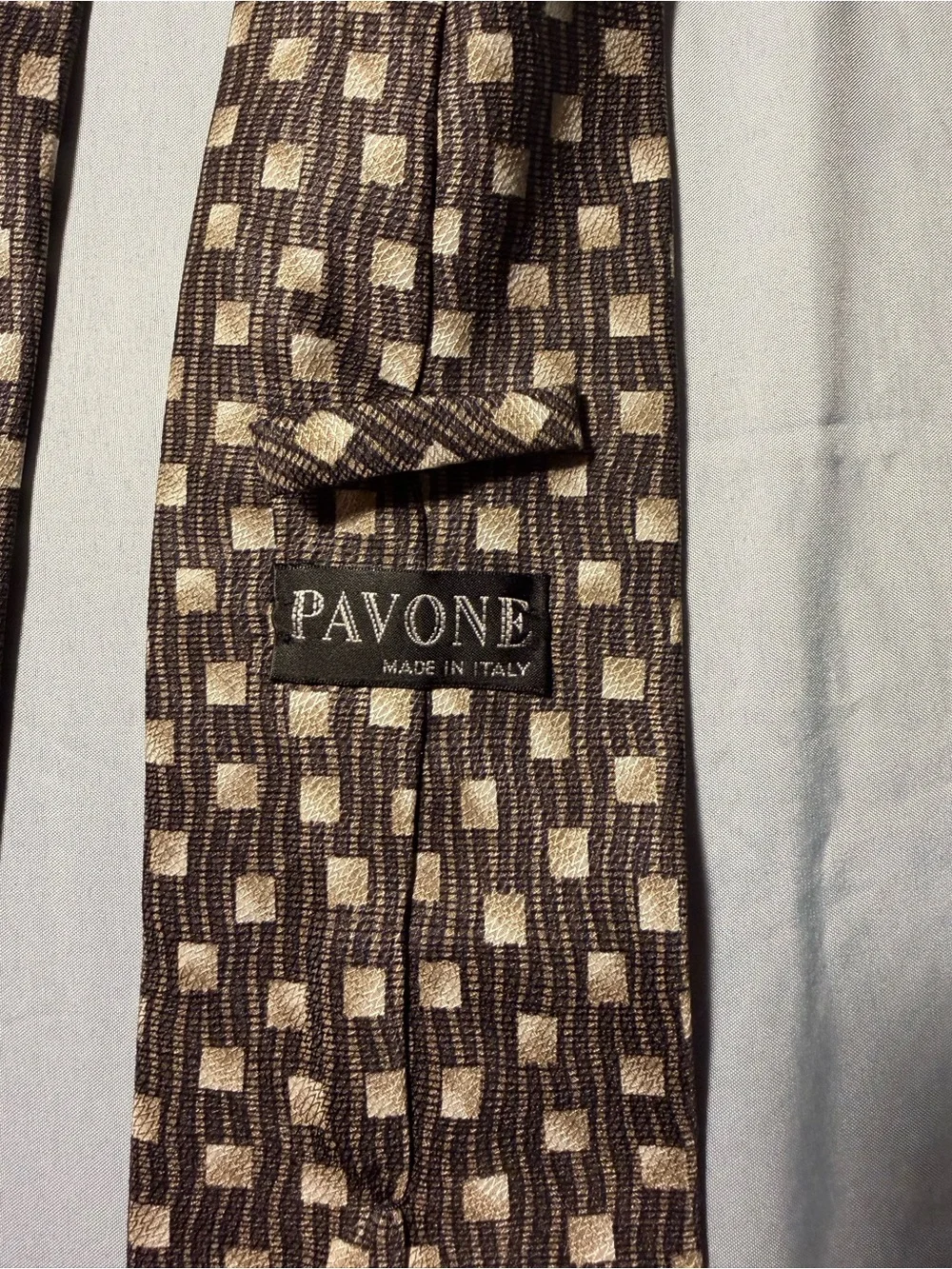 Pavone Brown and Cream Checked Geometric Men's Tie. Made in Italy