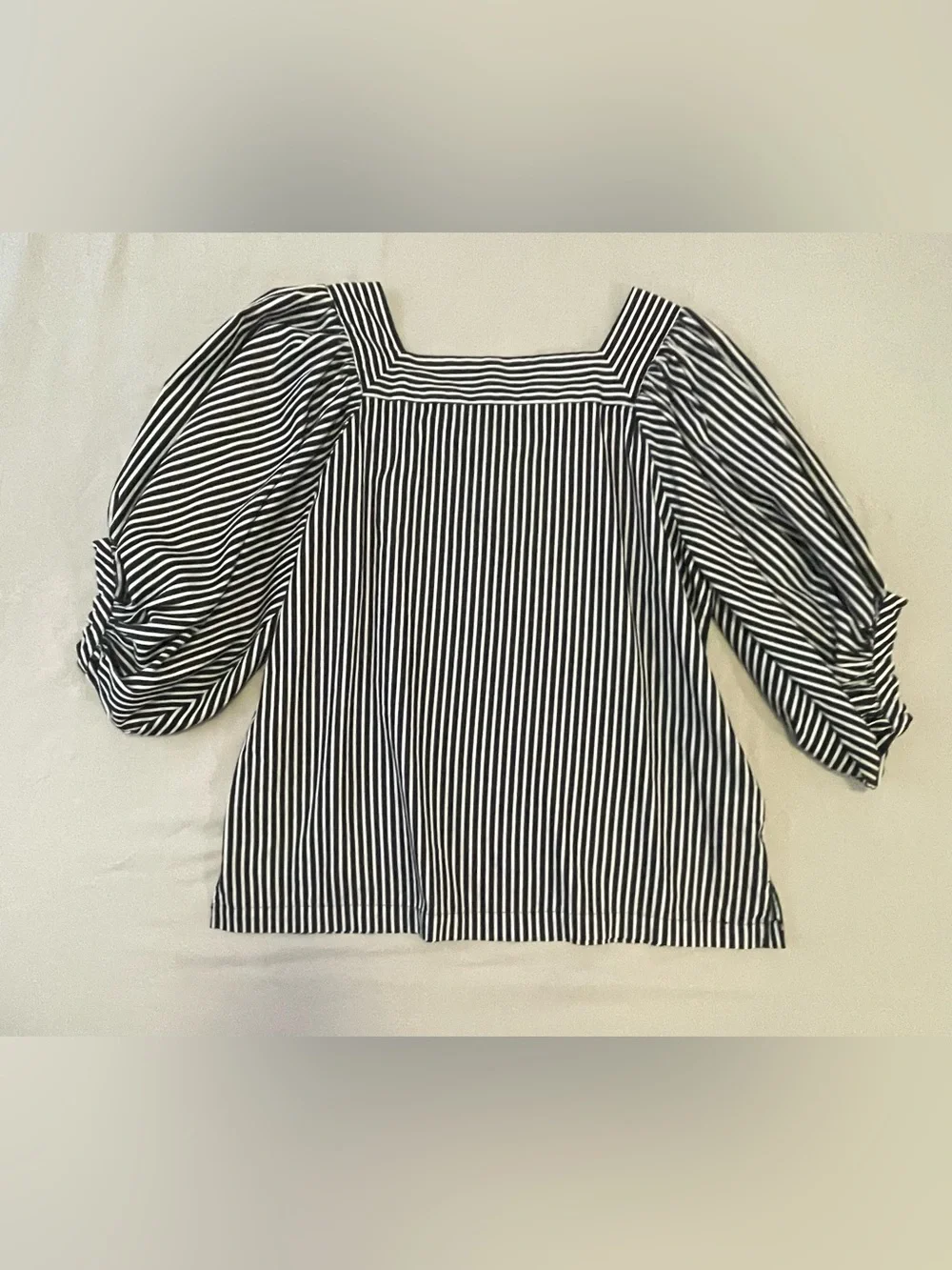 LOFT Black and White Striped Square Neck Puff Sleeve Top