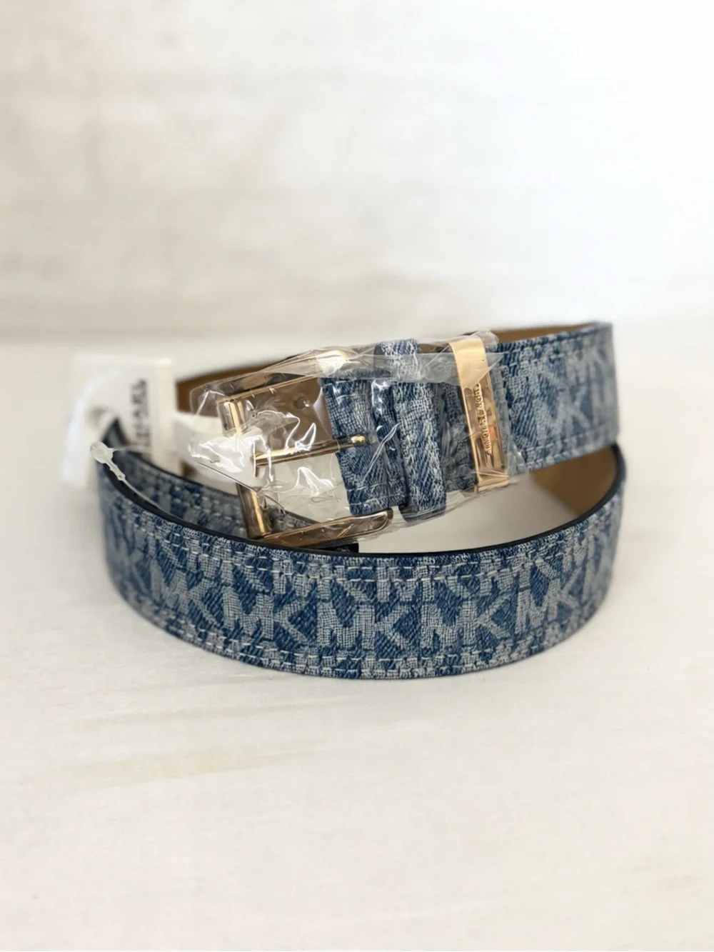 Michael Kors Men's Denim Blue MK Logo Belt with Gold Hardware M 40”