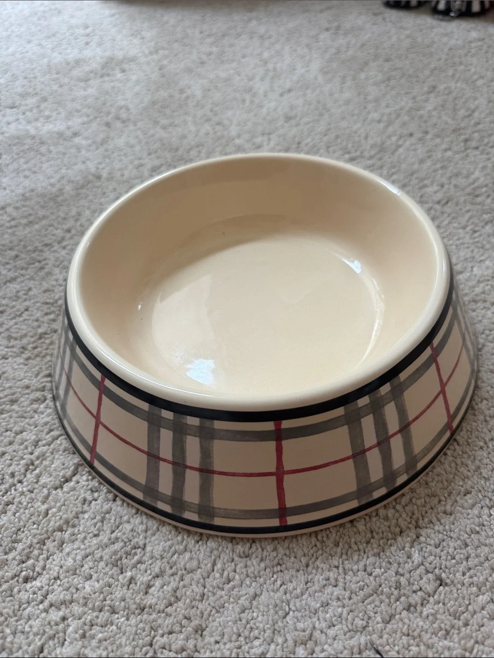 Burberry Cream Plaid Ceramic Pet Bowl with Gray and Red Accents