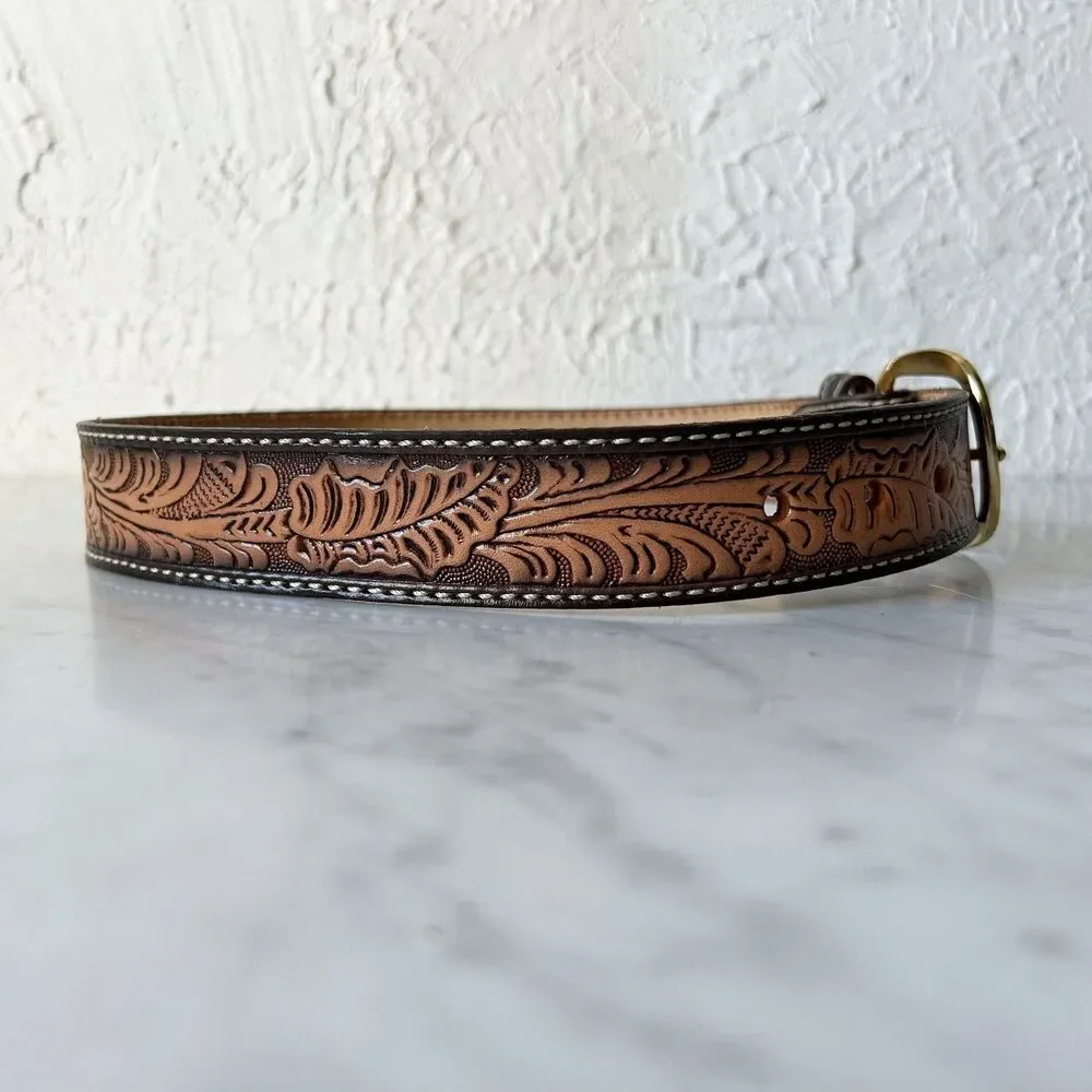 Vintage Western Tooled Leather Belt Cowboy Style with Brass Buckle-Men's Size 26