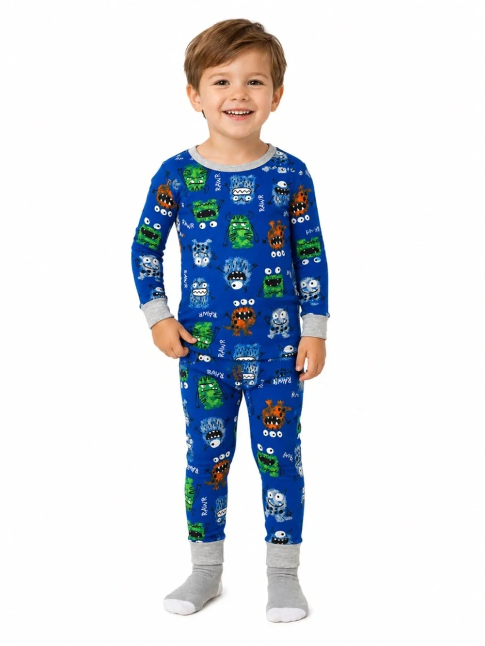 New - Kids Blue Monster Print Pajama and Sock Set | Size 3T