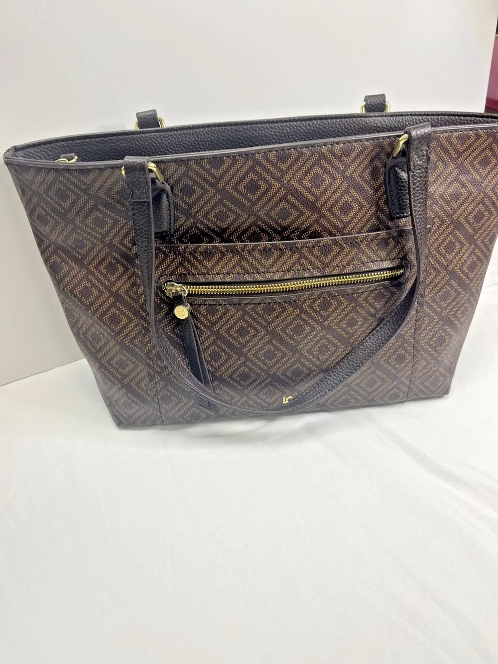 Brown Shoulder Tote Bag Womens Classic Everyday Designer Gold Accent Liz Claibor