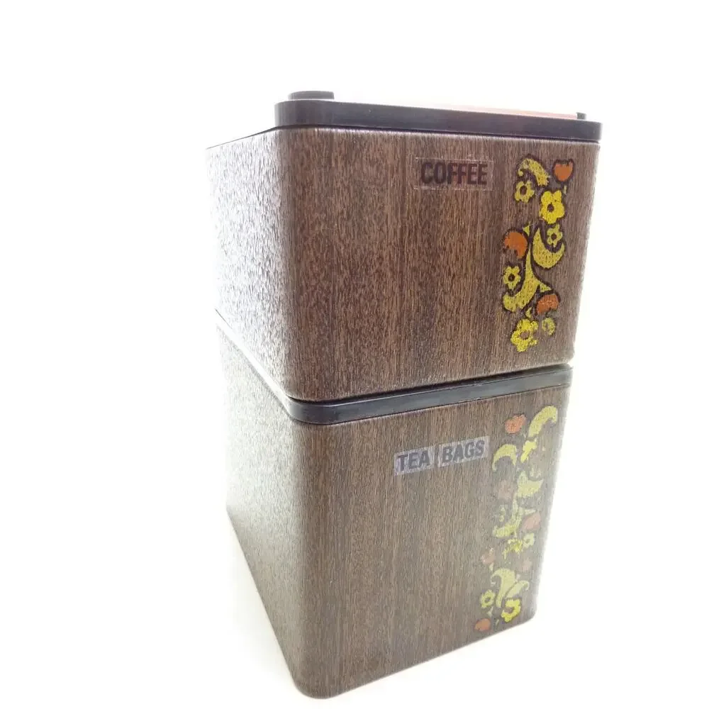 Vintage Kromex Copper Faux Wood Grain Floral Canisters Stackable MCM Kitchen Set