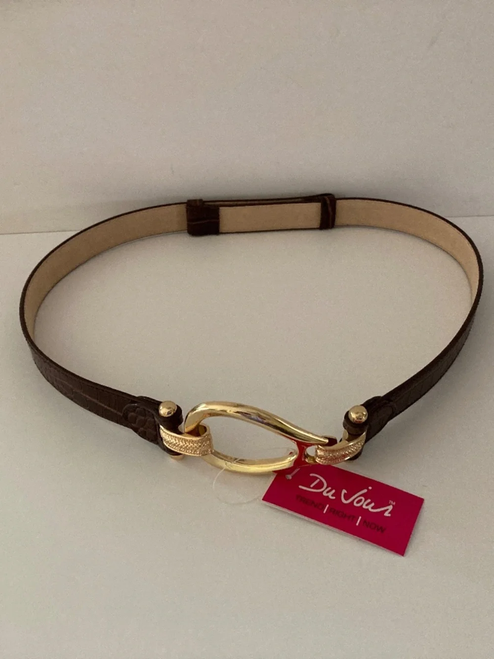 DuJour Brown Croco Embossed Skinny Belt/Gold Tone Oval Buckle/M/L/24-39