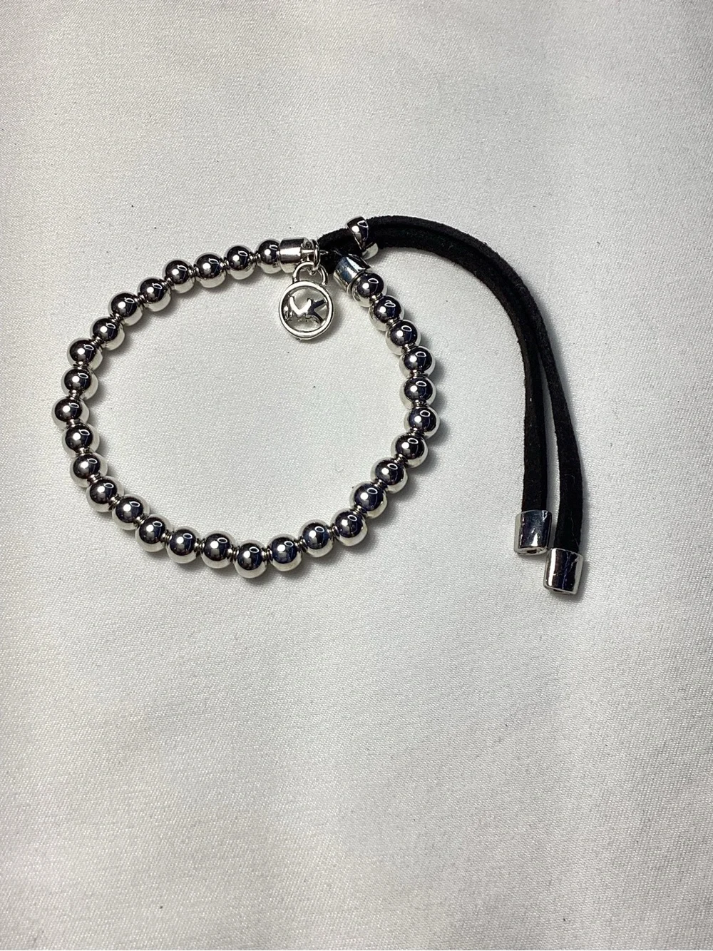 Michael Kors Silver-Tone Beaded Stretch Black Cord Bracelet NWT includes MK Bag